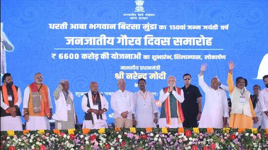 PM Modi was addressing a function organised on the 150th birth anniversary of legendary freedom fighter Birsa Munda. (HT photo) PM Modi was addressing a function organised on the 150th birth anniversary of legendary freedom fighter Birsa Munda. (HT photo)