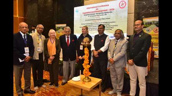 Guests at a conference organised by Jai Narain Mishra PG College in Lucknow on Tuesday. (HT)