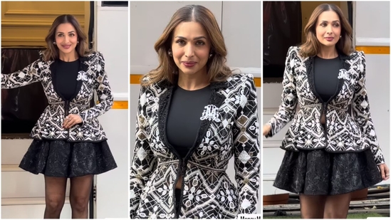 Malaika Arora showcased her chic style in a black jacket dress while shooting in Mumbai. (Instagram) Malaika Arora showcased her chic style in a black jacket dress while shooting in Mumbai. (Instagram)
