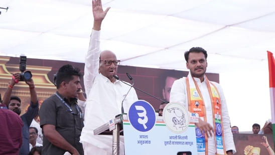 Addressing a rally for the NCP (SP) candidate and his grand-nephew Yugendra Pawar, Pawar senior reminisced about his political journey. (HT PHOTO) Addressing a rally for the NCP (SP) candidate and his grand-nephew Yugendra Pawar, Pawar senior reminisced about his political journey. (HT PHOTO)