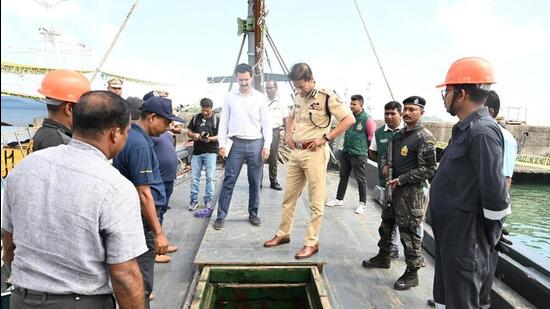 6,000kg of methamphetamine worth over <span class='webrupee'>₹</span>36,000 crore were seized from a Myanmarese vessel on Monday. (HT Photo) 6,000kg of methamphetamine worth over <span class='webrupee'>₹</span>36,000 crore were seized from a Myanmarese vessel on Monday. (HT Photo)