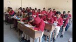 Students performing activities on bagless day at a government school in Ludhiana on Saturday. (HT Photo) Students performing activities on bagless day at a government school in Ludhiana on Saturday. (HT Photo)