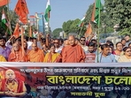 People take part in a rally to protest against the alleged atrocities against minorities in Bangladesh, in Agartala on Tuesday. (ANI) People take part in a rally to protest against the alleged atrocities against minorities in Bangladesh, in Agartala on Tuesday. (ANI)