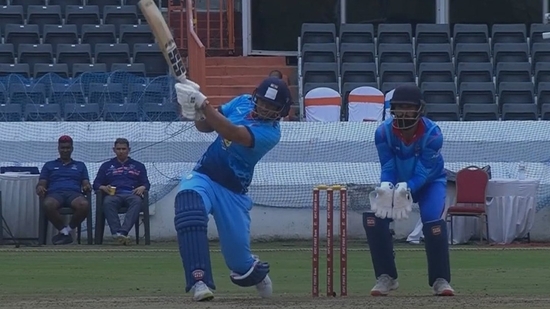 Shivam Dube hammers one down the ground(Screengrab) Shivam Dube hammers one down the ground(Screengrab)