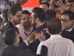 Shah Rukh Khan and Salman Khan greeted each other with a hug. Shah Rukh Khan and Salman Khan greeted each other with a hug.