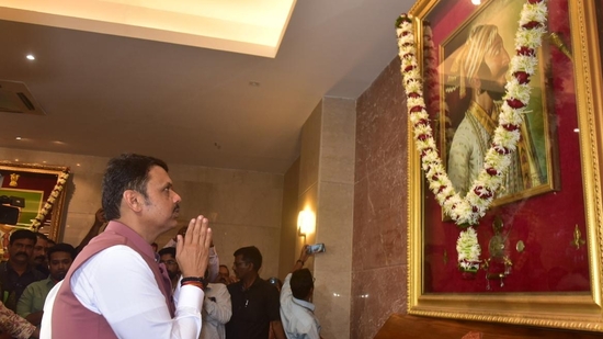 After the swearing-in ceremony, Devendra Fadnavis, Ajit Pawar and Eknath Shinde also paid tribute to Chhatrapati Shivaji Maharaj, before starting their new tenure in government(Yogesh Naik/Hindustan Times)