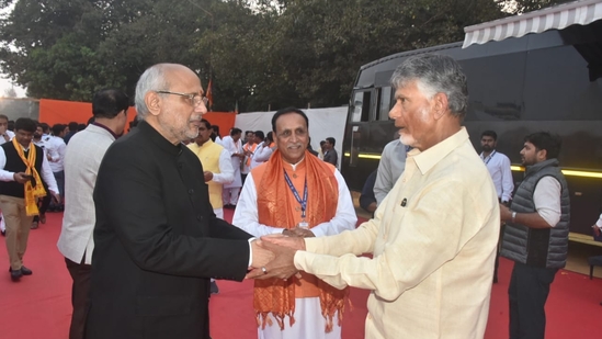 Andhra Pradesh chief minister Chandrababu Naidu was also in attendance to celebrate the landslide victory of the Mahayuti alliance(Yogesh Naik/Hindustan Times)