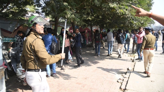Patna police doing lathi charge on BPSC candidates during their demonstration outside of BPSC office in Patna in protest against the change in rules of the 70th BPSC Preliminary examination.(Santosh Kumar )