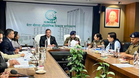 The chief secretary, accompanied by director general of police (DGP) Prashant Kumar, was presiding over the meeting participated by officials of the Noida, Greater Noida, and Yamuna Expressway Industrial Development Authority (Yeida), along with police and district administration officials at the Greater Noida authority office. (HT Photos) The chief secretary, accompanied by director general of police (DGP) Prashant Kumar, was presiding over the meeting participated by officials of the Noida, Greater Noida, and Yamuna Expressway Industrial Development Authority (Yeida), along with police and district administration officials at the Greater Noida authority office. (HT Photos)
