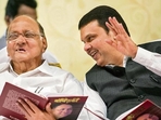 File photo of the President of NCP Mr. Sharad Pawar and Maharashtra Chief Minister Devendra Fadnavis during 61st Birthday celebration of Mr.Dilip Walse Patil and Gauravgranth Prakashan at Ravindranatya Mandir, Prabhadevi in Mumbai.(Hindustan Times) File photo of the President of NCP Mr. Sharad Pawar and Maharashtra Chief Minister Devendra Fadnavis during 61st Birthday celebration of Mr.Dilip Walse Patil and Gauravgranth Prakashan at Ravindranatya Mandir, Prabhadevi in Mumbai.(Hindustan Times)