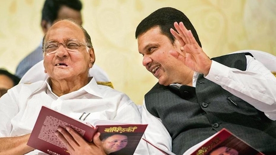 File photo of the President of NCP Mr. Sharad Pawar and Maharashtra Chief Minister Devendra Fadnavis during 61st Birthday celebration of Mr.Dilip Walse Patil and Gauravgranth Prakashan at Ravindranatya Mandir, Prabhadevi in Mumbai.(Hindustan Times) File photo of the President of NCP Mr. Sharad Pawar and Maharashtra Chief Minister Devendra Fadnavis during 61st Birthday celebration of Mr.Dilip Walse Patil and Gauravgranth Prakashan at Ravindranatya Mandir, Prabhadevi in Mumbai.(Hindustan Times)