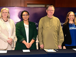 L-R - Representation from Brandeis International Business School, City University of New York, University of North Carolina at Charlotte, University of San Diego, MPower (lending partner) and Sasidhar Sista, Co-founder, GradRight L-R - Representation from Brandeis International Business School, City University of New York, University of North Carolina at Charlotte, University of San Diego, MPower (lending partner) and Sasidhar Sista, Co-founder, GradRight