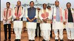 Assam governor Lakshman Prasad Acharya and Assam chief minister Himanta Biswa Sarma in a group picture with newly sworn-in MLAs Prasanta Phookan, Kaushik Rai, Krishnendu Paul, and Rupesh Goala on Saturday. (ANI) Assam governor Lakshman Prasad Acharya and Assam chief minister Himanta Biswa Sarma in a group picture with newly sworn-in MLAs Prasanta Phookan, Kaushik Rai, Krishnendu Paul, and Rupesh Goala on Saturday. (ANI)