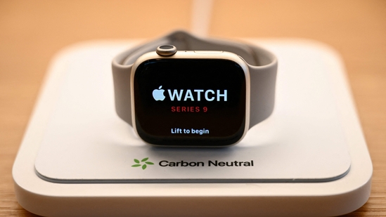 (FILES) An Apple Watch Series 9 carbon neutral device is displayed for sale at The Grove Apple retail store on release day in Los Angeles, California, on September 22, 2023. (Representational/Photo by Patrick T. Fallon/AFP) (FILES) An Apple Watch Series 9 carbon neutral device is displayed for sale at The Grove Apple retail store on release day in Los Angeles, California, on September 22, 2023. (Representational/Photo by Patrick T. Fallon/AFP)