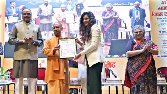 Uttar Pradesh chief minister Yogi Adityanath and deputy chief minister Brajesh Pathak at the 41st Foundation Day of SGPGIMS in Lucknow on Saturday. (HT PHOTO) Uttar Pradesh chief minister Yogi Adityanath and deputy chief minister Brajesh Pathak at the 41st Foundation Day of SGPGIMS in Lucknow on Saturday. (HT PHOTO)
