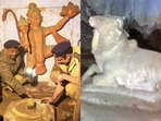 Officials found a Hanuman idol and a Shivling inside the 'ancient' Bhasma Shankar temple. (PTI/ANI) Officials found a Hanuman idol and a Shivling inside the 'ancient' Bhasma Shankar temple. (PTI/ANI)