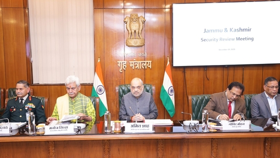 Union home minister Amit Shah chairing the meeting on security situation in J&K. Union home minister Amit Shah chairing the meeting on security situation in J&K.