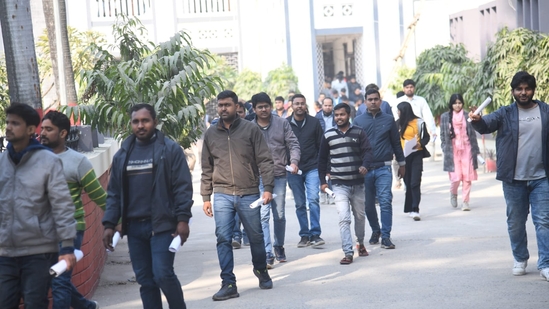 Aspirants coming out of exam centre at Bankipur Girls High School in Patna after appearing in the Assistant Engineer (Civil/Mechanical) Written Competition exam. (Santosh Kumar)
