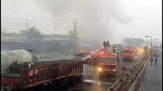 A massive fire started due to a collision between a gas tanker and multiple vehicles near a petrol pump on the Jaipur-Ajmer Highway, in Jaipur on Friday. (ANI X) A massive fire started due to a collision between a gas tanker and multiple vehicles near a petrol pump on the Jaipur-Ajmer Highway, in Jaipur on Friday. (ANI X)