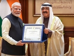 Prime Minister Narendra Modi being conferred with Kuwait's highest honour 'The Order of Mubarak Al Kabeer' by Amir of Kuwait Sheikh Meshal Al-Ahmad Al-Jaber Al Sabah, in Kuwait.(PTI) Prime Minister Narendra Modi being conferred with Kuwait's highest honour 'The Order of Mubarak Al Kabeer' by Amir of Kuwait Sheikh Meshal Al-Ahmad Al-Jaber Al Sabah, in Kuwait.(PTI)