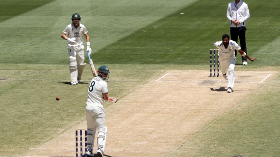 Australia's Mitchell Marsh (C) looks behind after edging a ball from India's Jasprit Bumrah on day four of the fourth cricket Test.(AFP) Australia's Mitchell Marsh (C) looks behind after edging a ball from India's Jasprit Bumrah on day four of the fourth cricket Test.(AFP)