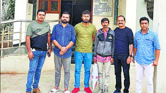 The three accused (2nd, 3rd, and 4th from left) carried out the entire operation via WhatsApp video calls alone. The three accused (2nd, 3rd, and 4th from left) carried out the entire operation via WhatsApp video calls alone.