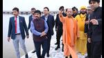 Chief minister Yogi Adityanath inspects preparations ahead of Mahakumbh, in Prayagraj, Tuesday. (HT Photo) Chief minister Yogi Adityanath inspects preparations ahead of Mahakumbh, in Prayagraj, Tuesday. (HT Photo)