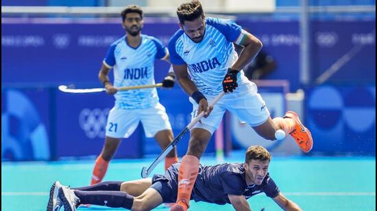 India captain Harmanpreet Singh in action during the Pool B match against Argentina at the 2024 Paris Olympics. (PTI) India captain Harmanpreet Singh in action during the Pool B match against Argentina at the 2024 Paris Olympics. (PTI)