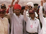FILE - In this May 20, 1998 file photo, from left, Indian Prime Minister Atal Bihari Vajpayee, Defense Minister George Fernandes, founder of the Indian nuclear program Abdul Kalam, and Atomic Energy Chief R. Chidambaram display the victory symbol during a visit to the Shakti 1 test site, where India tested nuclear devices a week earlier, in Pokhran, India.(AP) FILE - In this May 20, 1998 file photo, from left, Indian Prime Minister Atal Bihari Vajpayee, Defense Minister George Fernandes, founder of the Indian nuclear program Abdul Kalam, and Atomic Energy Chief R. Chidambaram display the victory symbol during a visit to the Shakti 1 test site, where India tested nuclear devices a week earlier, in Pokhran, India.(AP)