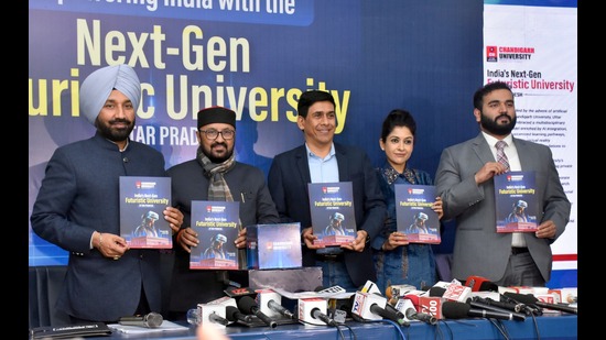 Chandigarh University officials addressing mediapersons in Lucknow on Monday (HT Photo) Chandigarh University officials addressing mediapersons in Lucknow on Monday (HT Photo)