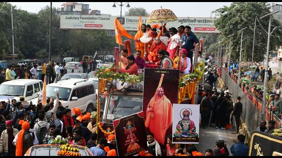 The Chhavni Pravesh procession in progress in Prayagraj on Wednesday. (Anil Kumar Maurya/HT) The Chhavni Pravesh procession in progress in Prayagraj on Wednesday. (Anil Kumar Maurya/HT)