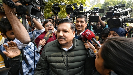 AAP leader Sanjay Singh, along with Saurabh Bhardwaj, arrives to visit the former residence of Delhi CM at Flagstaff Road in New Delhi. (Sanchit Khanna/Hindustan Times) AAP leader Sanjay Singh, along with Saurabh Bhardwaj, arrives to visit the former residence of Delhi CM at Flagstaff Road in New Delhi. (Sanchit Khanna/Hindustan Times)