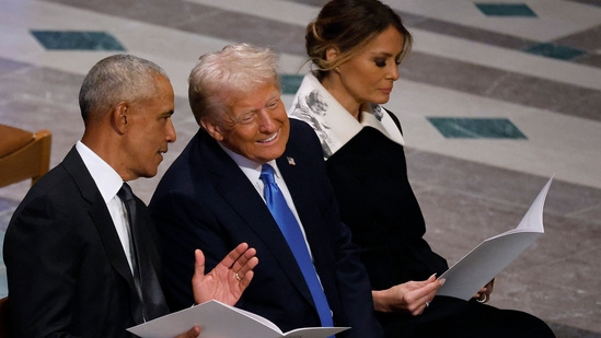 Donald Trump, Obama and a number of other former US leaders, such as Mike Pence, Bill Clinton, and George W. Bush, were seated close to each other at Carter's funeral.(Getty Images via AFP) Donald Trump, Obama and a number of other former US leaders, such as Mike Pence, Bill Clinton, and George W. Bush, were seated close to each other at Carter's funeral.(Getty Images via AFP)