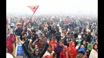 Devotees arrive to take a dip at Triveni Sangam on the occasion of ‘Paush Purnima’ during the Maha Kumbh 2025, in Prayagraj on Monday (Deepak gupta/ht ) Devotees arrive to take a dip at Triveni Sangam on the occasion of ‘Paush Purnima’ during the Maha Kumbh 2025, in Prayagraj on Monday (Deepak gupta/ht )