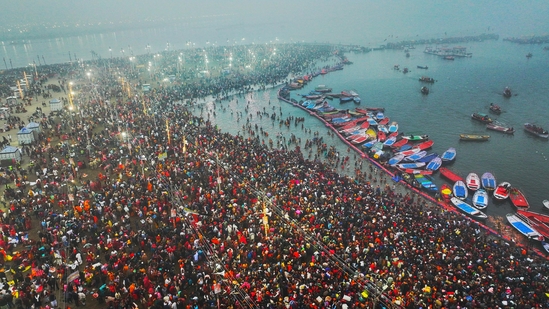 Mahakumbh 2025 live: Devotees at Mahakumbh on Day 1. (Prayagraj District Administration via ANI)