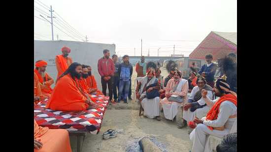 Jangam sadhus (in white attire) at a camp in Mahakumbh Nagar on banks of Sangam in Prayagraj (Anil Kumar Maurya/HT) Jangam sadhus (in white attire) at a camp in Mahakumbh Nagar on banks of Sangam in Prayagraj (Anil Kumar Maurya/HT)