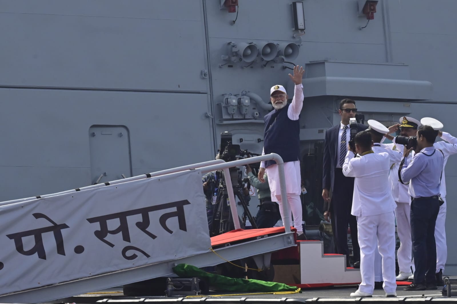 Prime Minister Narendra Modi said Wednesday the launch of two Indian-made warships and a submarine was key to its "quest towards self-reliance".(Anshuman Poyrekar/HT) Prime Minister Narendra Modi said Wednesday the launch of two Indian-made warships and a submarine was key to its "quest towards self-reliance".(Anshuman Poyrekar/HT)