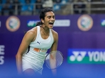 New Delhi: India's PV Sindhu celebrates after winning a point during the women's singles round of 16 match against Japan's Manami Suizu at the India Open 2025(PTI) New Delhi: India's PV Sindhu celebrates after winning a point during the women's singles round of 16 match against Japan's Manami Suizu at the India Open 2025(PTI)