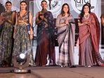 Designer Aditi Jaggi Rastogi with showstopper Ritu Suhas, a bureaucrat, and other models(Photo: Mushtak Khan) Designer Aditi Jaggi Rastogi with showstopper Ritu Suhas, a bureaucrat, and other models(Photo: Mushtak Khan)