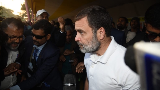Congress leader Rahul Gandhi arrives at the protest site where protestors are holding a dharna to protest against alleged paper leak and irregularities in the BPSC 70th Integrated Combined Competitive Examination (CCE) 2024 at Gardanibag, in Patna.(Santosh Kumar)
