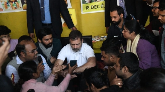 Rahul Gandhi was seen patiently listening to the candidates who raised slogans "We want a re-exam" and also highlighted their anguish over the Nitish Kumar government in Bihar failing to give them a hearing.(Santosh Kumar) Rahul Gandhi was seen patiently listening to the candidates who raised slogans "We want a re-exam" and also highlighted their anguish over the Nitish Kumar government in Bihar failing to give them a hearing.(Santosh Kumar)