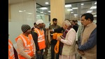 Union minister Manohar Lal Khattar felicitating sanitation staff at PMC in Prayagraj on Monday (HT Photo) Union minister Manohar Lal Khattar felicitating sanitation staff at PMC in Prayagraj on Monday (HT Photo)