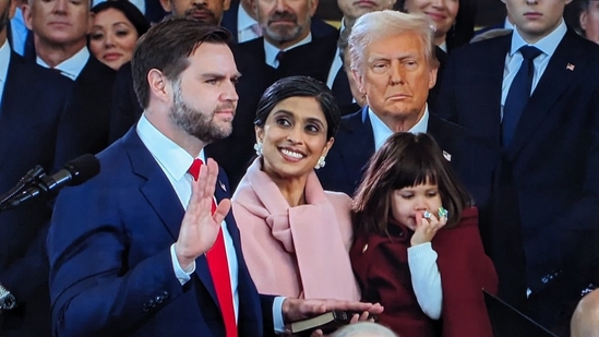 Usha Vance smiling at Vice President of the United States JD Vance Usha Vance smiling at Vice President of the United States JD Vance