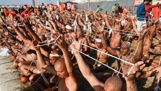 Prayagraj: Newly-initiated Naga Sadhus of Shri Panchayati Akhara Niranjani perform rituals during Mahakumbh, at Sangam in Prayagraj, Sudnay, Jan. 19, 2025. (PTI Photo) (PTI01_19_2025_000372A)(PTI) Prayagraj: Newly-initiated Naga Sadhus of Shri Panchayati Akhara Niranjani perform rituals during Mahakumbh, at Sangam in Prayagraj, Sudnay, Jan. 19, 2025. (PTI Photo) (PTI01_19_2025_000372A)(PTI)