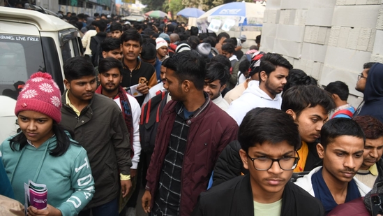 Students are seen coming out of their exam centers after appearing for the JEE Mains exam at an examination centre in Patna.(Santosh Kumar)