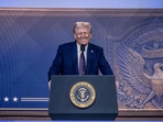 US President Donald Trump is seen on a large screen during his address by video conference at the World Economic Forum (WEF) annual meeting in Davos.(AFP) US President Donald Trump is seen on a large screen during his address by video conference at the World Economic Forum (WEF) annual meeting in Davos.(AFP)