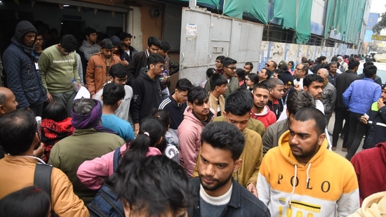 Candidates coming out after appeared in the JEE Mains exam at an examination centre at Patliputra in Patna.(Santosh Kumar )