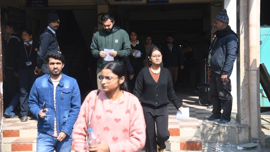 Candidates coming out of exam centre at Patliputra in Patna after appearing for CMAT exam. (Santosh Kumar )