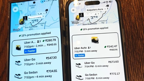 In a photo, shared along with the post, the Uber app shows the fare was <span class='webrupee'>₹</span>290.79 on an Android but on iPhone, the fare surged to <span class='webrupee'>₹</span>342.47. (file)(LinkedIn/NiraaliParekh) In a photo, shared along with the post, the Uber app shows the fare was <span class='webrupee'>₹</span>290.79 on an Android but on iPhone, the fare surged to <span class='webrupee'>₹</span>342.47. (file)(LinkedIn/NiraaliParekh)