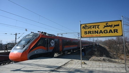 A Vande Bharat Express train completed it's first trial run in Jammu and Kashmir(Waseem Andrabi/ Hindustan Times) A Vande Bharat Express train completed it's first trial run in Jammu and Kashmir(Waseem Andrabi/ Hindustan Times)